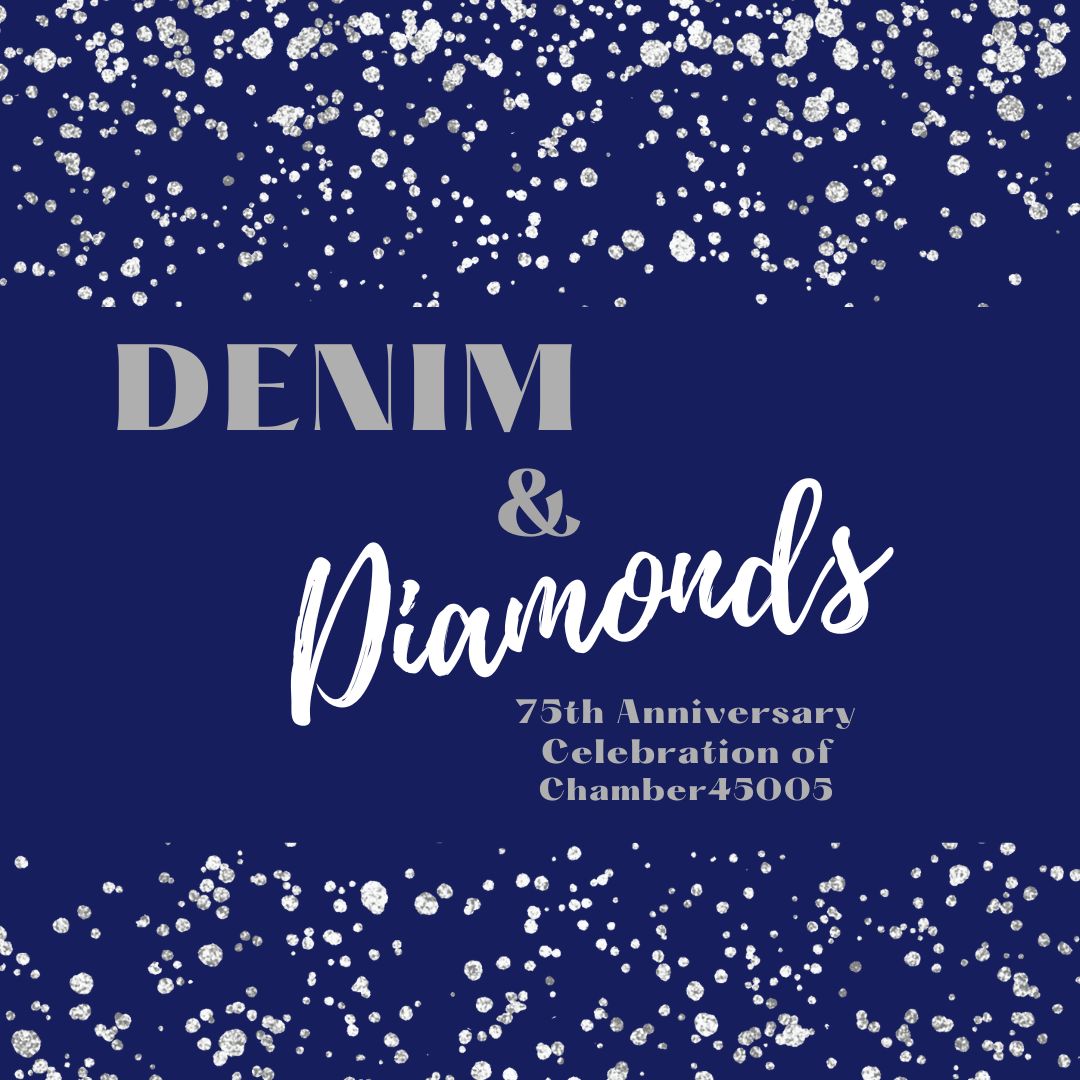 The words Denim and Diamonds on a blue background with stars.
