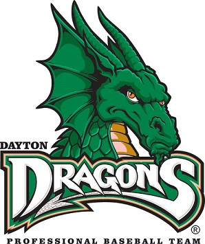 A green dragon over the words Dayton Dragons Professional Baseball Team